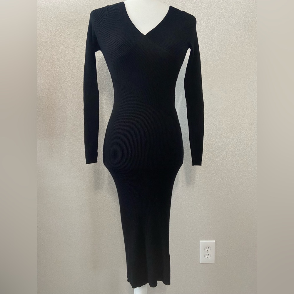 Gianni Bini Ribbed Long Sleeve Midi Sweater Dress Black